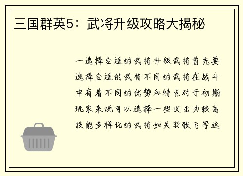 三国群英5：武将升级攻略大揭秘