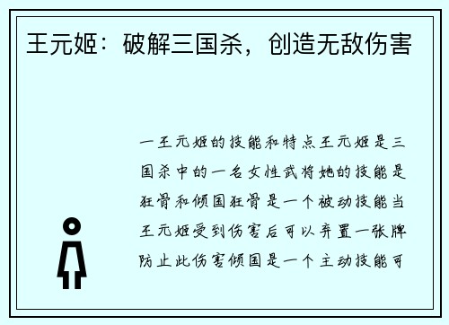 王元姬：破解三国杀，创造无敌伤害
