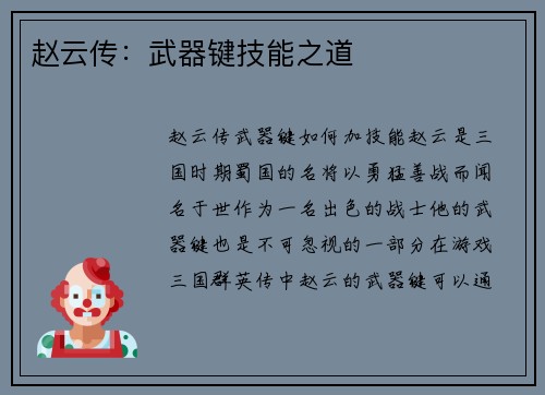 赵云传：武器键技能之道