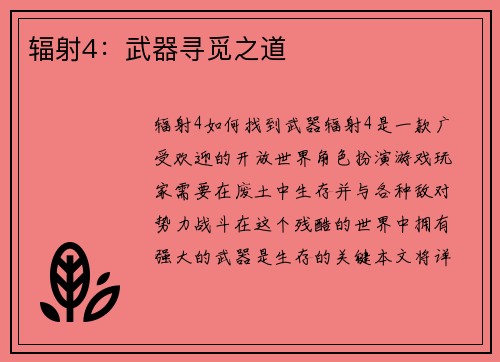 辐射4:武器寻觅之道